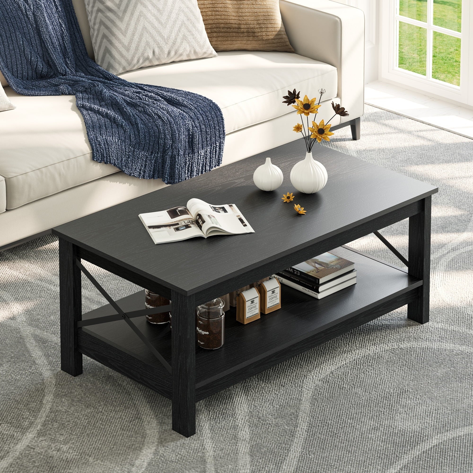 Moasis Farmhouse Coffee Table with Storage 2 - Tier Center Table for Living Room Grey Wash Top+White