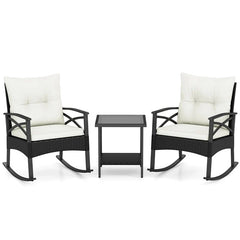 3 Piece Rattan Patio Rocking Bistro Set, Outdoor Wicker Rockers with Cushions & 2-Tier Tempered Glass Coffee Table for Porch, Balcony, Backyard