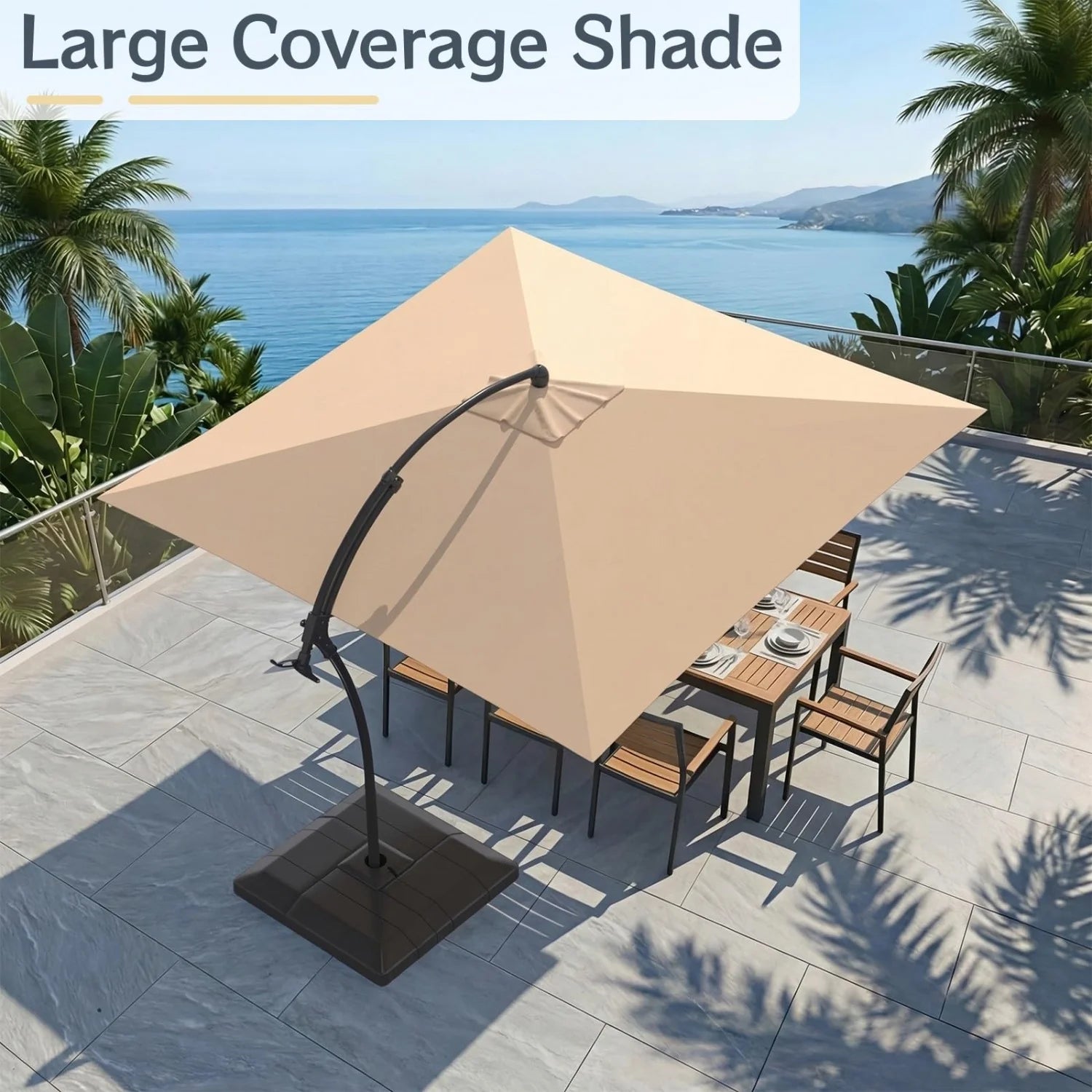AECOJOY 10x10 FT Cantilever Patio Umbrella with Base, Aluminum Offset Umbrella with 360° Rotation