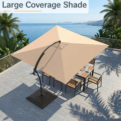 AECOJOY 10x10 FT Cantilever Patio Umbrella with Base, Aluminum Offset Umbrella with 360° Rotation