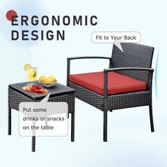 Tappio Outdoor Furniture 3 Piece Patio Bistro Furniture Set, Rattan Conversation Chairs Set with Side Table and Cushions, Patio Furniture Sets for Balcony Garden Porch, Red