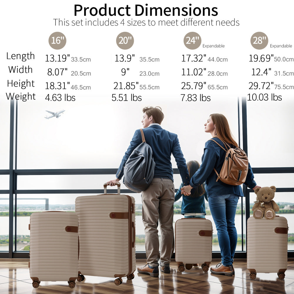 Luggage Sets, 4 - Piece Lightweight Suitcase Set with 4 Packing Cubes and TSA Lock, Hardshell Suitcases with Spinner Wheels, (16/20/24/28 ), Brown