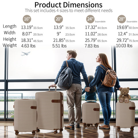 Luggage Sets, 4 - Piece Lightweight Suitcase Set with 4 Packing Cubes and TSA Lock, Hardshell Suitcases with Spinner Wheels, (16/20/24/28 ), Brown