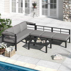 AECOJOY Patio Furniture Set with Retractable Canopy&2 Adjustable Backrests, Outdoor Conversation Set, Grey