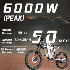 6000W(Peak) Motor 60V/35ah Battery, Freego X2pro Electric Motorcycle for Adults, Electric Bike 50MPH/7 Speed Off Road Electric Bicycle, 19x2 Full Suspension/Four - Piston Hydraulic Brake UL2849MTB