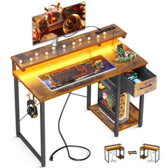 40 in Computer Desk with Power Outlets & LED Lights, Home Office Desk with 3 Drawers & Adjustable Monitor Shelf, , Writing Desk with Storage Bag, Vintage