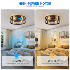 Dextrus 20" Caged Ceiling Fan with Lights and Remote Control, Rustic Farmhouse Flush Mount Design with Reversible DC Motor, 6 Speed Settings for Indoor/Outdoor Use (Brown & Black)