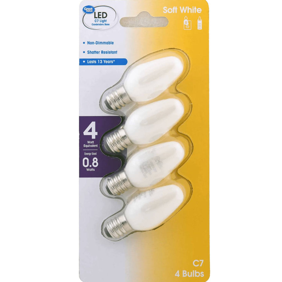 Great Value LED 0.75 Watts Soft White C7 Candelabra Base Bulbs, 4 Count, Size: 4 Bulbs