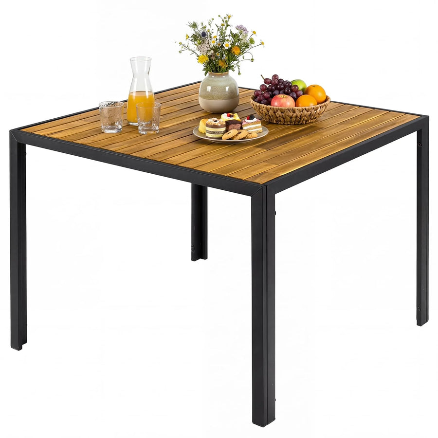 Tangkula 36" Square Acacia Wood Patio Dining Table 1.97" Umbrella Hole and Heavy Duty Metal Frame
