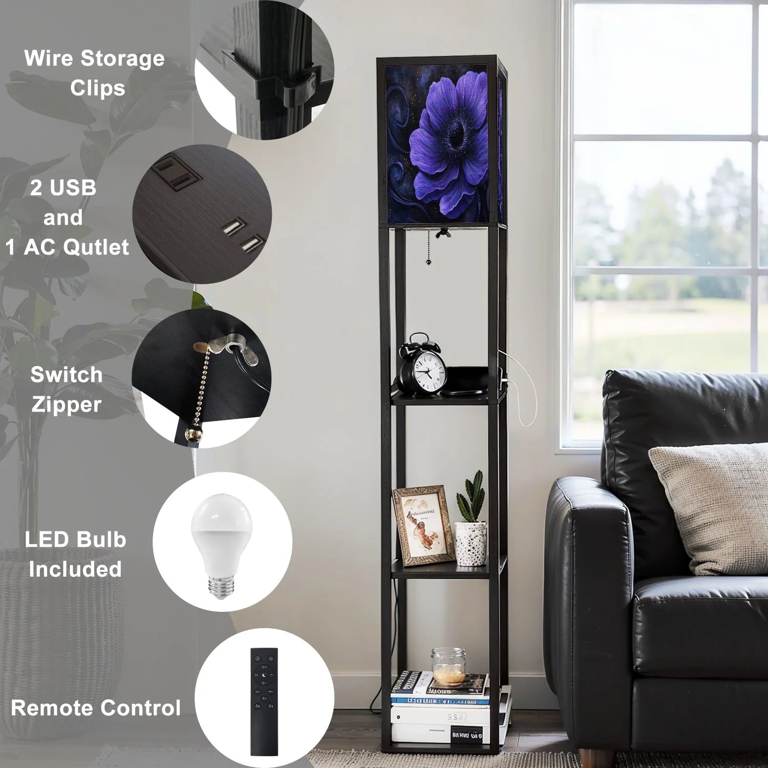 Floor Lamp with Shelves Corner Display Bookshelf Lamp for Living Room and Bedroom Purple Purple Wall Decor Purple Flower LED Modern Shelf Floor Lamp 3 Color Temperature