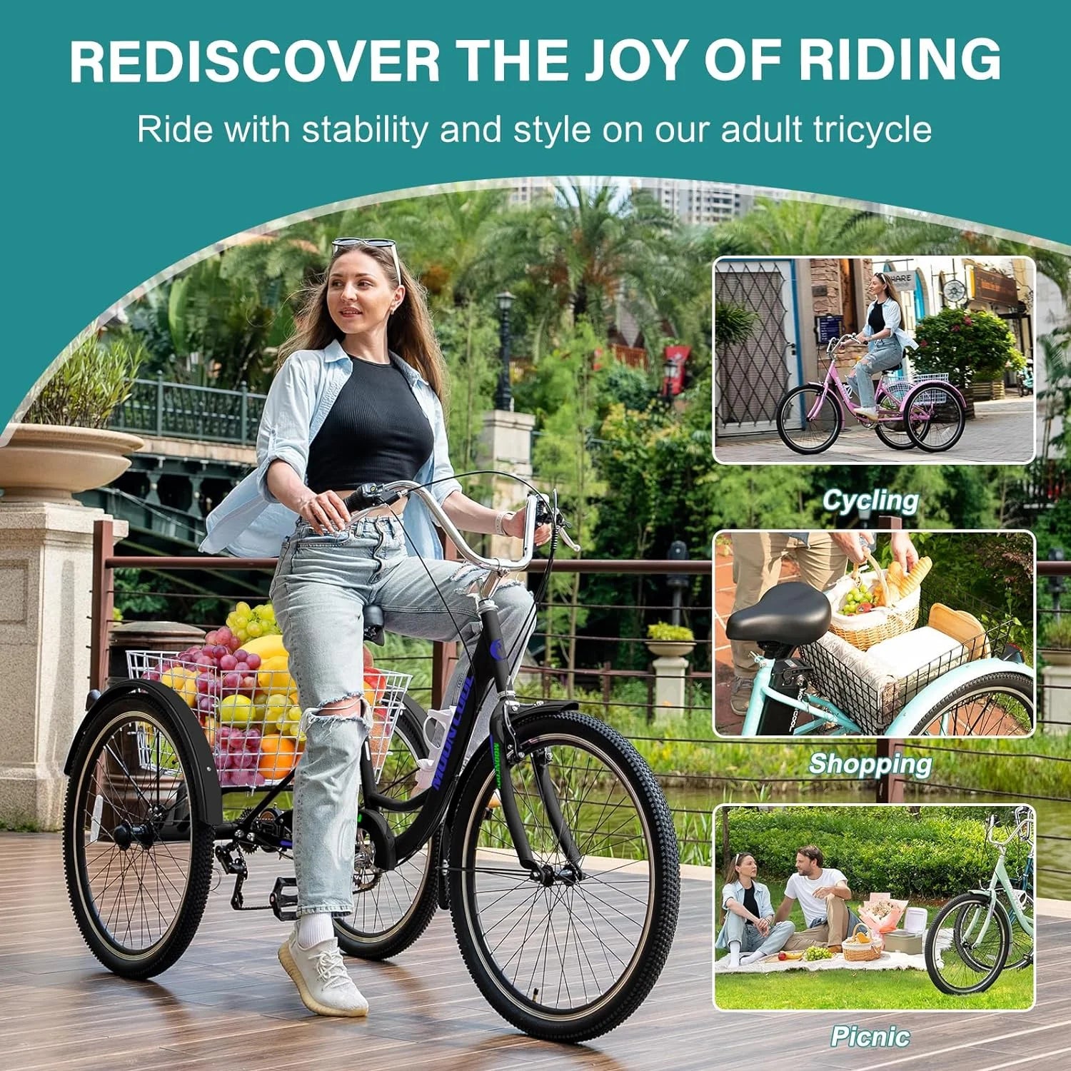 FICISOG 7 Speed Adult Tricycle for Women, 20/24/26 in Adult Trike with Basket, 3 Wheel Bikes for Adults Seniors, Cruise Trike for Shopping Picnic