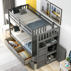 AECOJOY Twin over Full/Twin Convertible Bunk Bed with Storage Shelves and Drawers, Grey