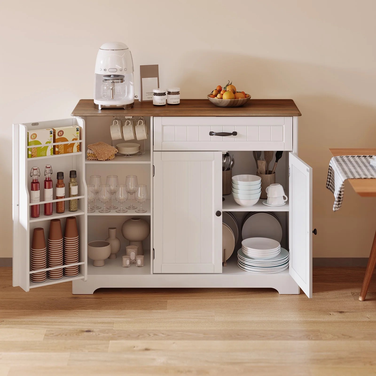 Coffee Bar, Lofka 42" Kitchen Storage Cabinet, Sideboard Buffet Cabinet with 8 Shelves, 1 Drawer