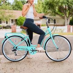 26 in Women'S Bike, Adult Cruiser Bicycle Shimano 7 Speed Steel Frame City Commuter Bike for Ladies, Green
