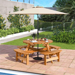 8-Person Round Wood Picnic Table Set with 4 Built-in Benches & 2" Umbrella Hole, Holds 2420 LBS, Outdoor Dining Table & Bench for Patio Garden