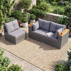 86.5" 3-Seat Patio Wicker Sofa, 3PCS Modular PE Rattan Sectional Furniture Set with Cup Holders & Wood Armrests, Outdoor Couch for Garden Yard