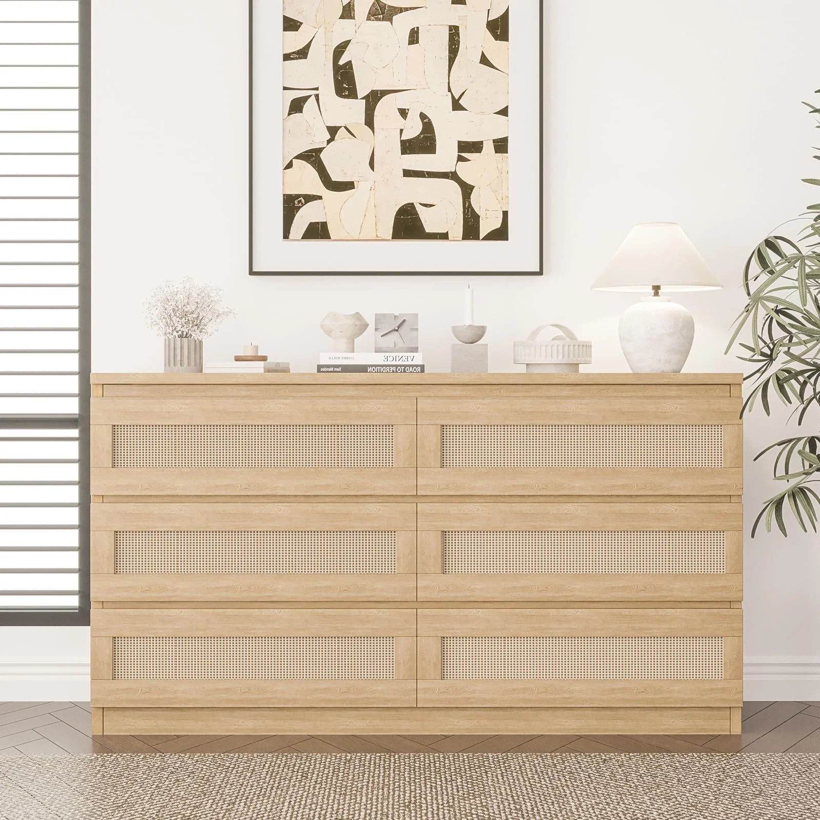 Garvee Rattan Dresser for Bedroom 6 Drawer, Double Dresser with Anti - Tip Kit, Wood Storage Wide Chest of Drawers for Bedroom, Living Room, Hallway, Oak Color