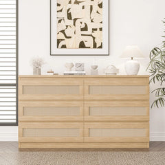 Garvee Rattan Dresser for Bedroom 6 Drawer, Double Dresser with Anti - Tip Kit, Wood Storage Wide Chest of Drawers for Bedroom, Living Room, Hallway, Oak Color