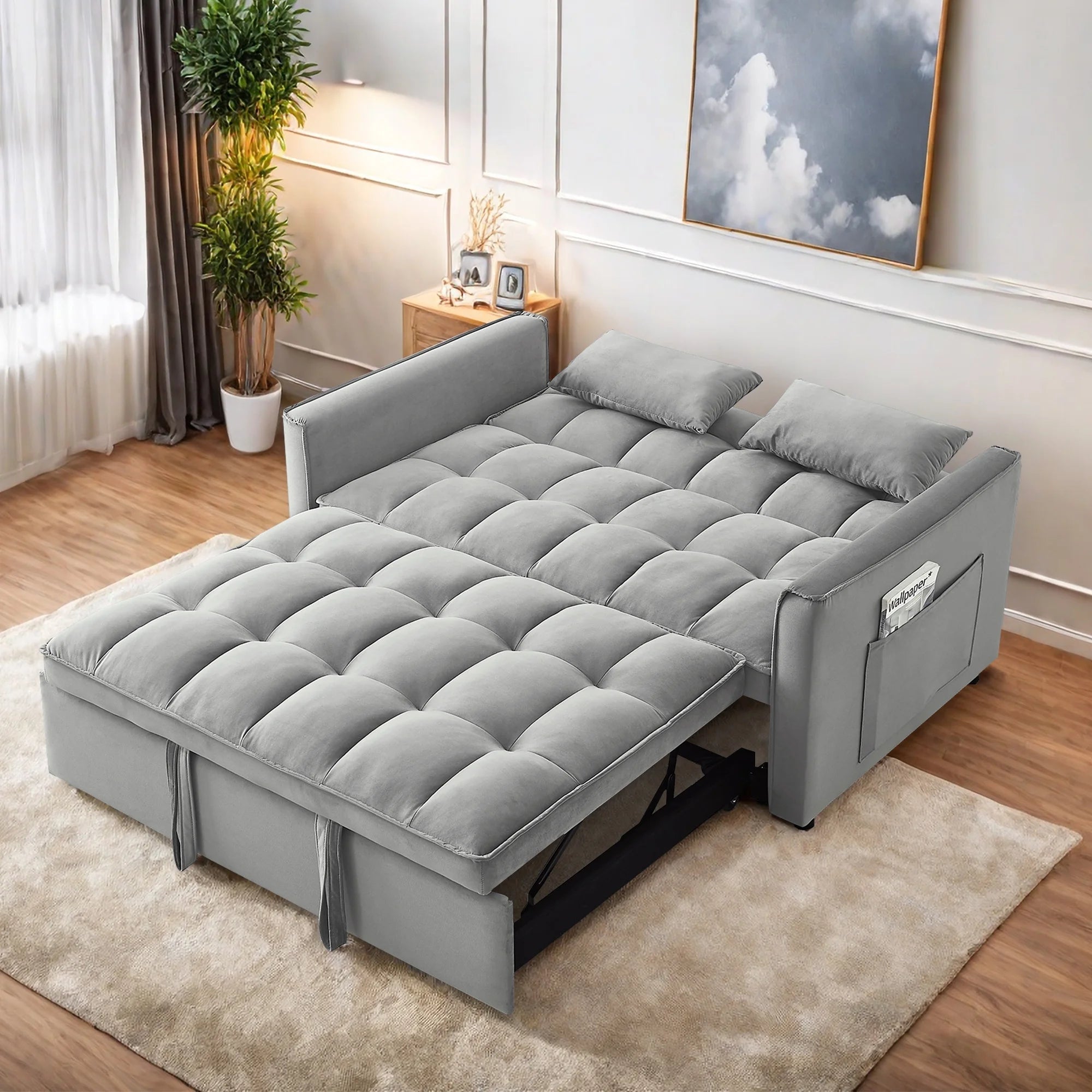 Convertible Sofa Bed, 3 - in - 1 Sleeper Sofa with Pull Out Bed, Sleeper Futon Couch Loveseat with Adjsutable Backrest and Pillows for Living Room, Black