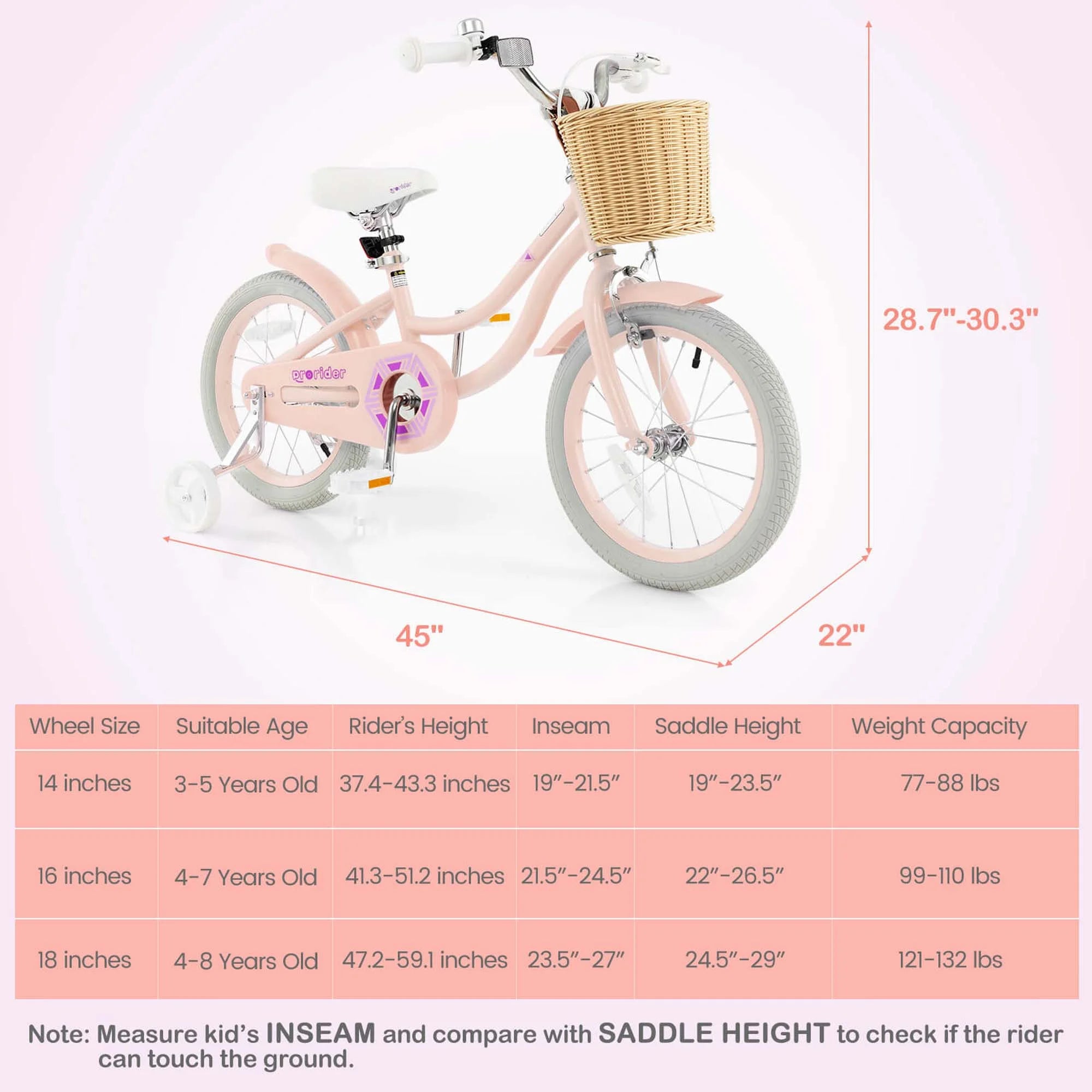 Prorider 16" Kid'S Bike with Training Wheels Adjustable Handlebar Seat Handbrake Pink