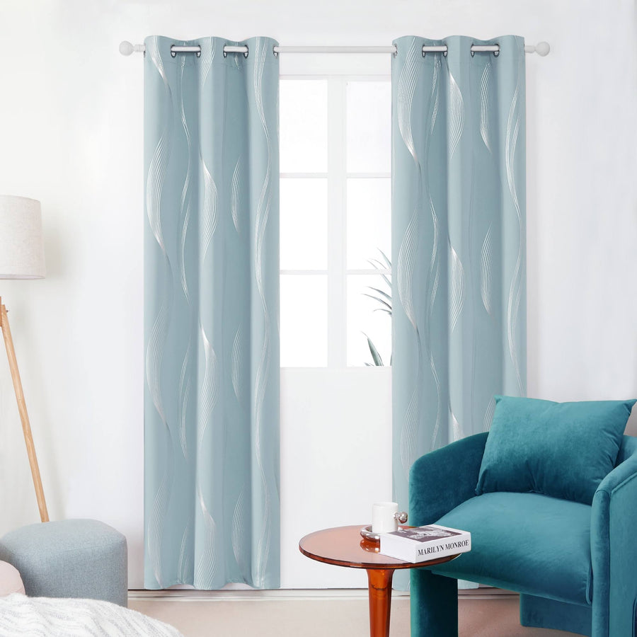 Deconovo Room Darkening Blackout Curtains Foil Print Wave Striped Grommet Window Curtains for Living Room Set of 2 42 by 45 inch Sky Blue