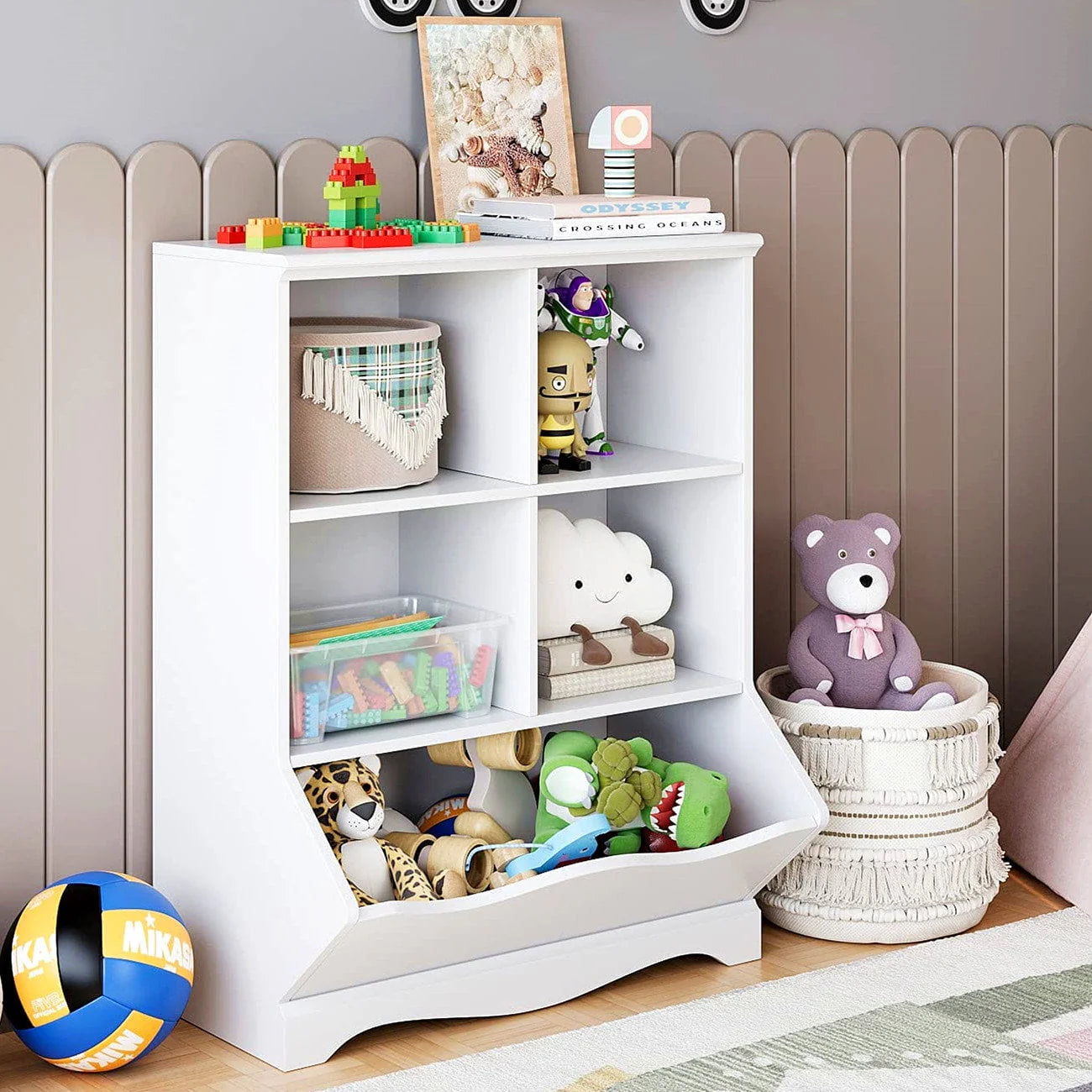 Homfa Kid'S Cubby Toy Storage Cabinet, Wood Toy Organizer of 5 Bins, Children'S White Bookcase, Toy Chest for Bedroom Living Room