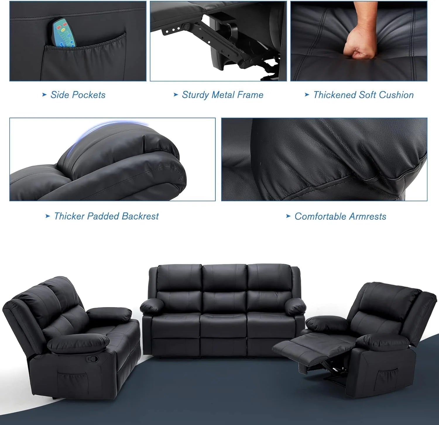 AECOJOY 3 PCS Recliner Sofa Set for Living Room Furniture Set