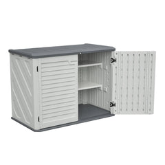AECOJOY Horizontal Storage Shed with Removable Shelf, Lockable Outdoor Storage Cabinet – 28 Cu.ft, Ivory White