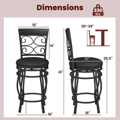 26" Vintage Swivel Bar Stools Set of 2, Counter Height Metal Barstools with Back & Upholstered PU Leather Padded Seat for Pub, Kitchen Island