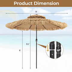 9FT Thatched Tiki Patio Umbrella with 33 Solar LED Lights, Hawaiian Style 2-Tier Hula Beach Umbrella with Tilt & Crank for Pool, Backyard, Garden