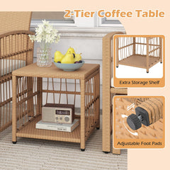 Tangkula 5 Piece Patio Wicker Conversation Set Includes 2 Armchairs, 2 Ottomans & 2-Tier Side Table