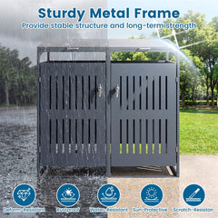 44 Cu.Ft Outdoor Trash Can Storage Shed for 2 Bins, Metal Garbage Can Organizer with Gas Struts, Shock Absorbers, Lockable Doors & Slant-Roof