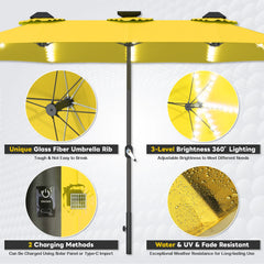 AECOJOY 15ft Patio Double-Sided Umbrella, 156 PCS Solar LED Light Outdoor Large Umbrella, Yellow