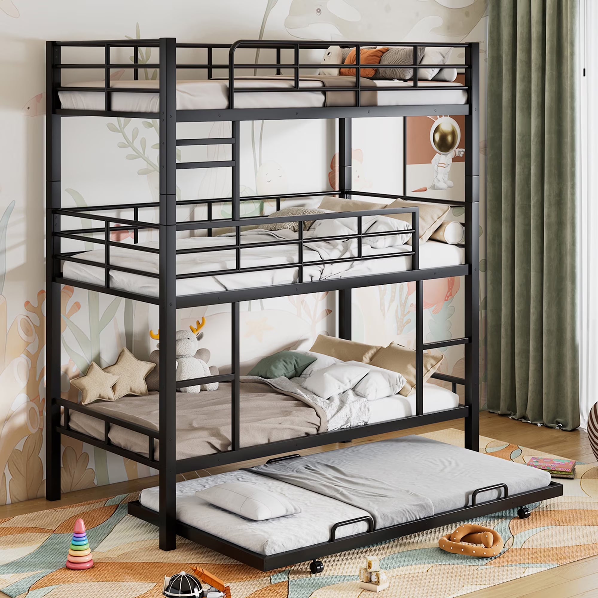 Harper & Bright Designs Metal Triple Bunk Bed Twin Over Twin Bunk Bed with Ladder and Safety Guardrail 3 Bunk Bed for Living Room Bedroom, Sliver
