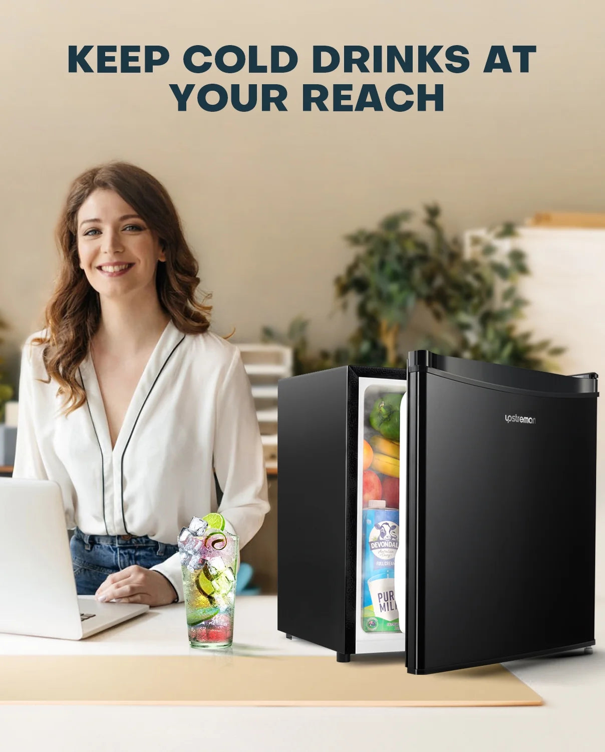 Upstreman 1.7 cu ft Mini Fridge with Freezer Single Door Compact Refrigerator, Low Noise, Energy Saving, Adjustable Temperature, Reversible Door, for Home Office Dorm, Black FR17