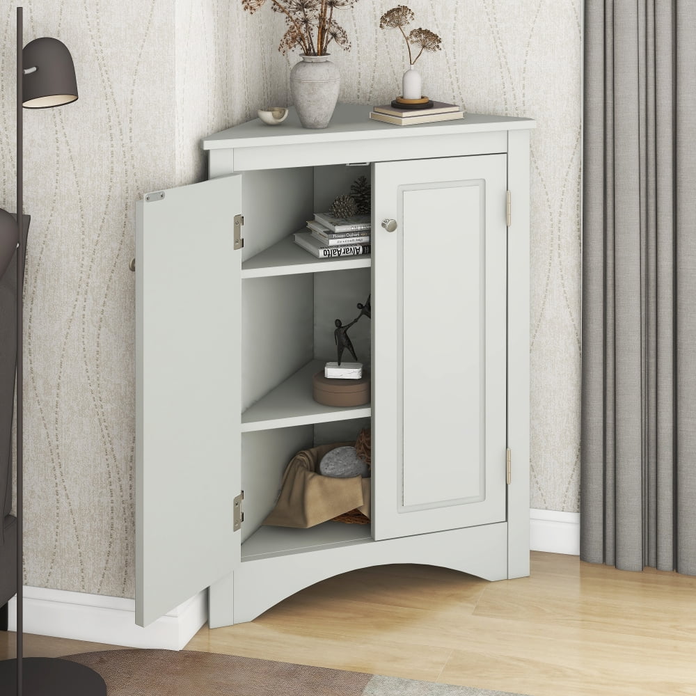 Home Floor Corner Cabinet with Adjustable Shelves and Two Doors, Triangle Bathroom Storage Cabinet, Modern Style Freestanding Floor Cabinet for Kitchen, Living Room and Hall, Oak