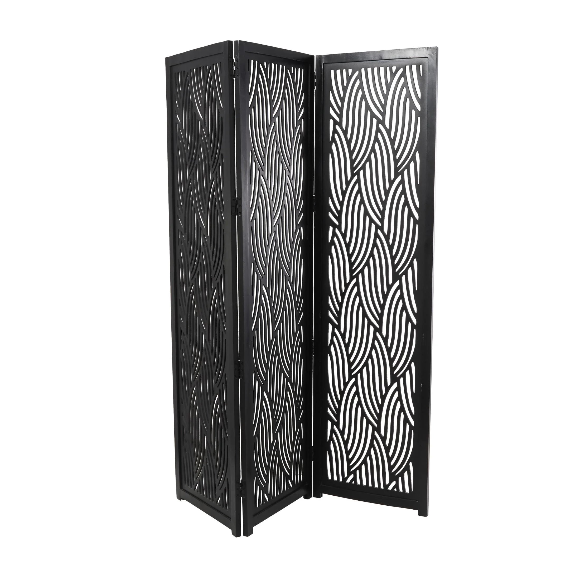 Decmode 60" x 72" Black Mango Wood Abstract Wavy Cutout 3 Panel Room Divider Screen, 1 - Piece