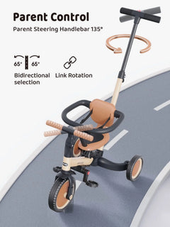 Newyoo TR008 5 - in - 1 Toddler Tricycle with Push Handle, Converts to Balance Bike for 1 - 3 Year Old, Khaki