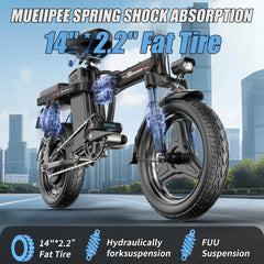 ASKGO 1200W Peak Motor, Folding Electric Bike for Adults Teens, 14'' Commuting Bike, Max 28MPH/35 Miles E - Bike, 3 Speed Double Mini Electric Bike, UL2849