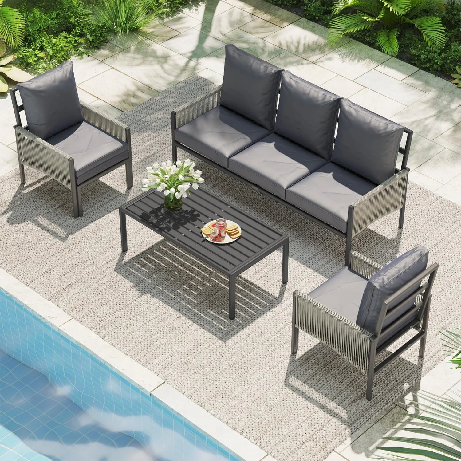 AECOJOY Aluminum Patio Furniture Set - 5 Seat Outdoor Sectional with Retractable Footrest Sofas & Coffee Table