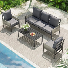 AECOJOY Aluminum Patio Furniture Set - 5 Seat Outdoor Sectional with Retractable Footrest Sofas & Coffee Table