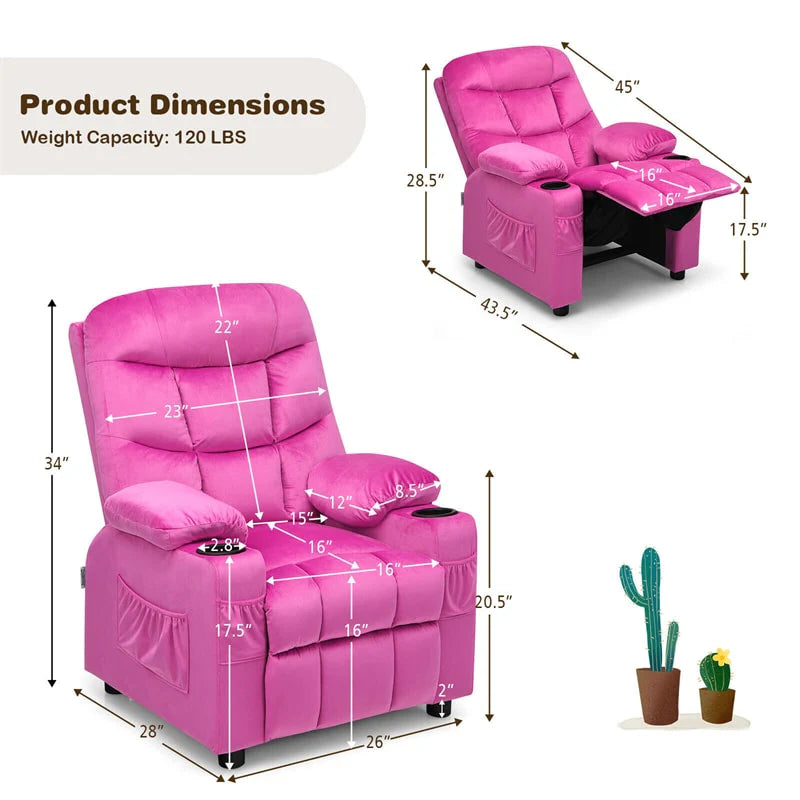 Kids Recliner Chair Adjustable Velvet Lounge Sofa with Cup Holders, 3 Pockets, Retractable Footrest, Toddler Furniture Sofa for Boys Girls Room