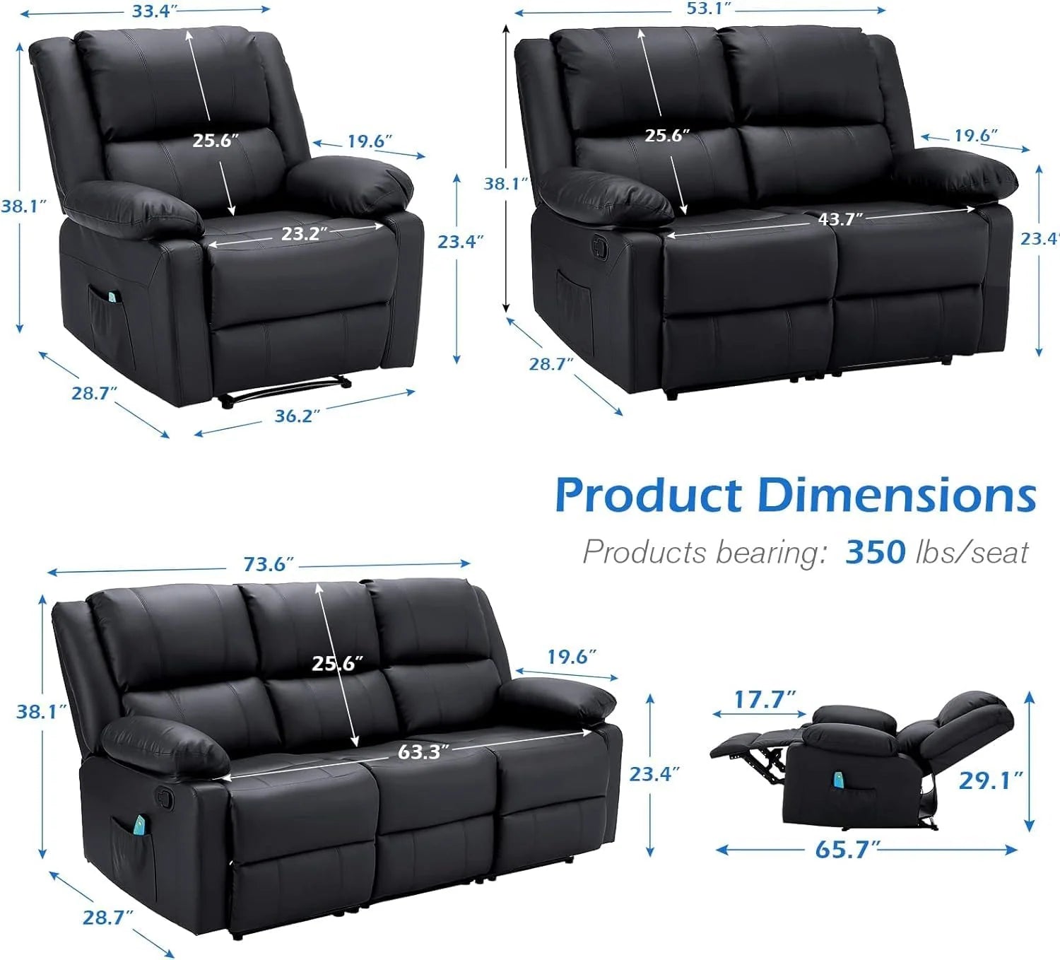 AECOJOY 3 PCS Recliner Sofa Set for Living Room Furniture Set