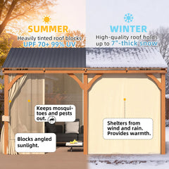 AECOJOY 20x10 Outdoor Wooden Pergola Gazebo with Curtains and Netting for Patio