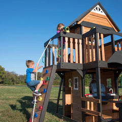 Backyard Discovery Canyon Creek Cedar Wood Swing Set with Wave Slide. Clubhouse. Play Kitchen. Picnic Area. Belt Swings. Web Swing. Rock Wall. Balconies. Playhouse. Step Ladder. Outdoor Playset