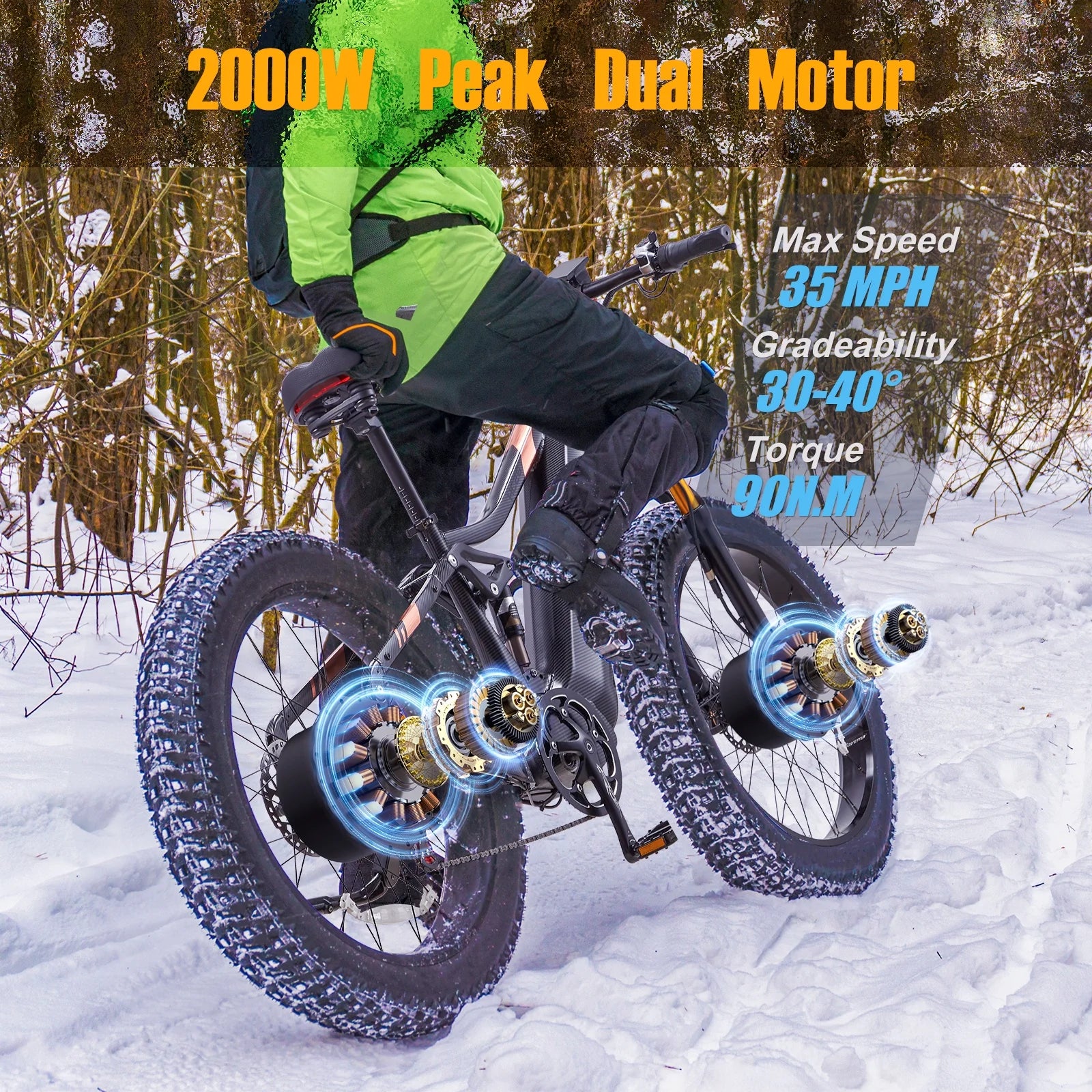 Dual Motors AWD 2000W Electric Bike for Adult 26'' UL2849 48V 30AH E - Mountain Bike 4.0 Fat Tire up to 35MPH&120miles Long Range Off - Road Ebike Dual Hydraulic Disc Brakes&Ful Suspension Electric Bicyc