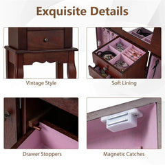 Standing Jewelry Armoire Cabinet with Flip Top Mirror, 4 Drawers, 8 Necklace Hooks & 2 Side Doors, Jewelry Storage Organizer Chest for Bedroom