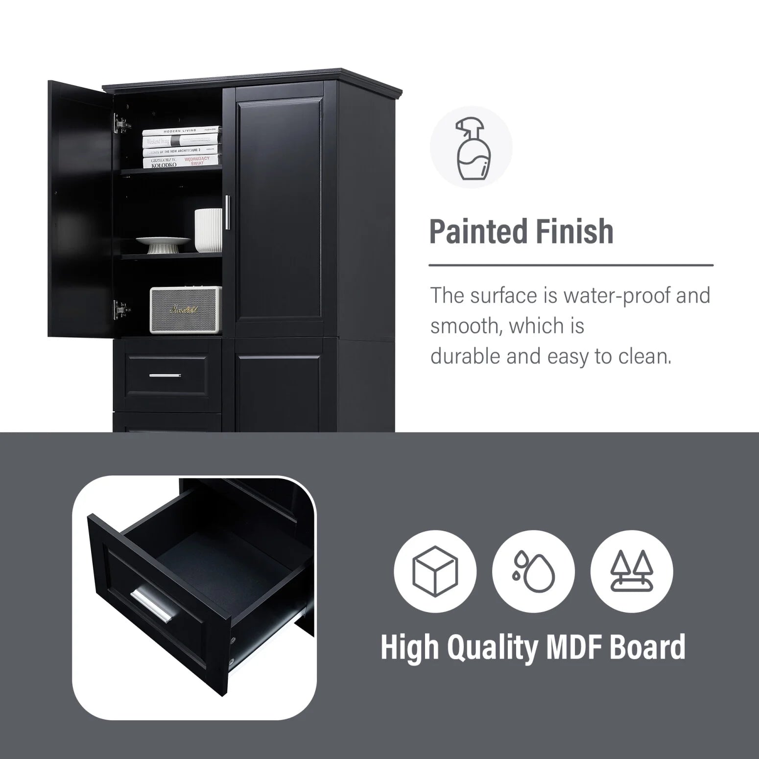 Bathroom Cabinet, 62.2" Tall Storage Cabinet with Doors and Shelves, Freestanding Linen Closet for Bathroom, Kitchen, Living Room, Grey