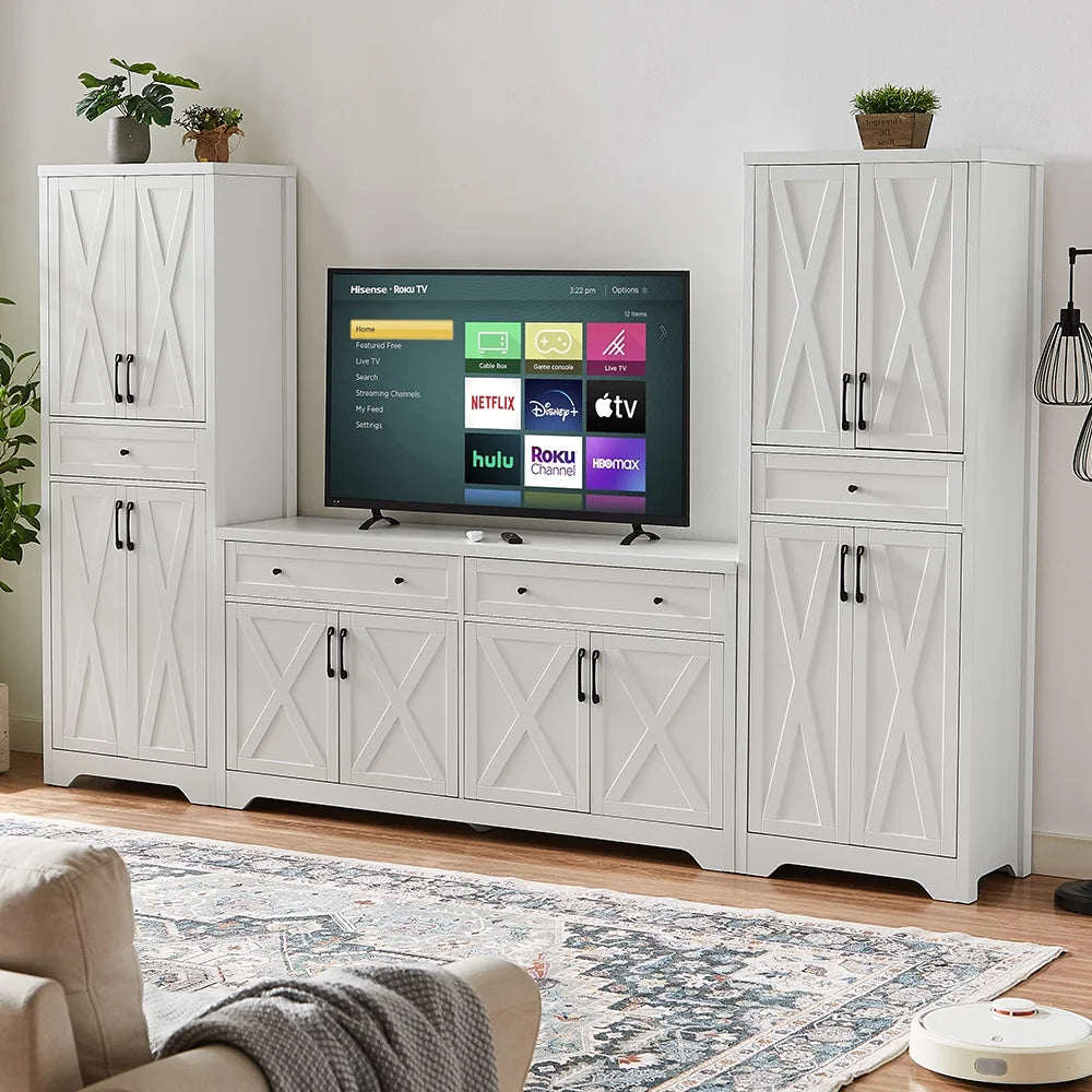 Trumanpick 61"h Large Buffet Sideboard Cabinet, TV Cabinet, Kitchen Pantry for Dining Room, Living Room, 61.3''L x 15''W x 29.8''H, White/Walnut