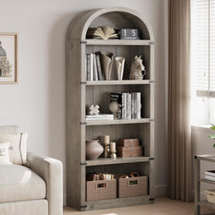 Bookcase 5 Shelf Arched Bookshelf 71.65in Tall Bookcase Farmhouse Display Storage Rack Wooden Bookshelves for Home Office, Living Room(White)